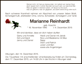 Traueranzeige von Marianne Reinhardt von Eschwege