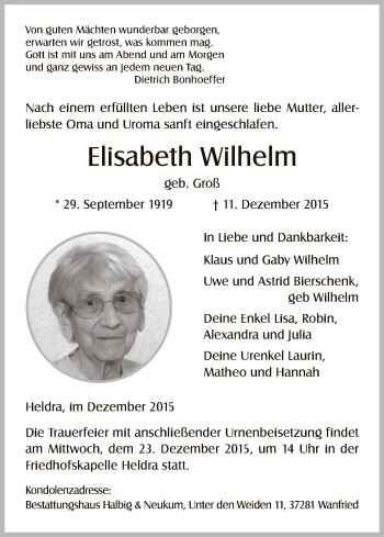 Traueranzeige von Elisabeth Wilhelm von Eschwege