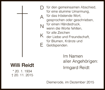 Traueranzeige von Willi Reidt von Eschwege