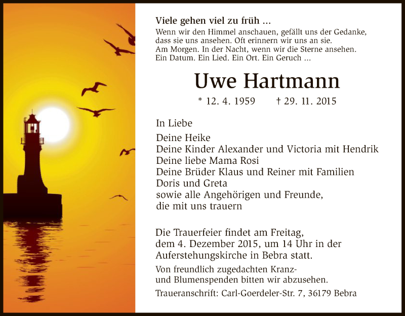  Traueranzeige für Uwe Hartmann vom 02.12.2015 aus Eschwege