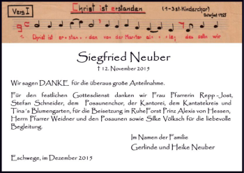 Traueranzeige von Siegfried Neuber von Eschwege