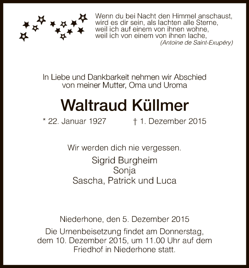  Traueranzeige für Waltraud Küllmer vom 05.12.2015 aus Eschwege