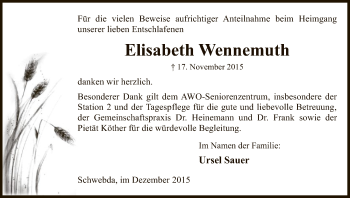 Traueranzeige von Elisabeth Wennemuth von Eschwege