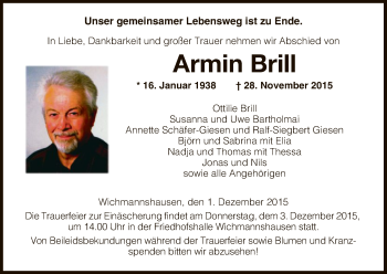 Traueranzeige von Armin Brill von Eschwege