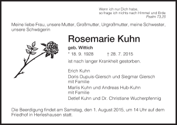 Traueranzeige von Rosemarie Kuhn von Eschwege