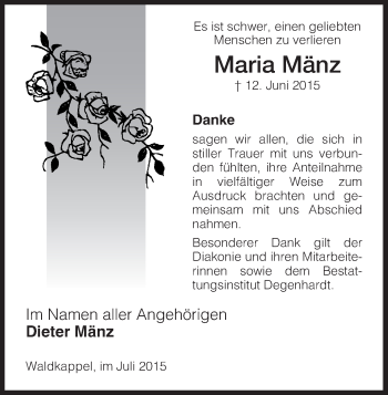 Traueranzeige von Maria Mänz von Eschwege