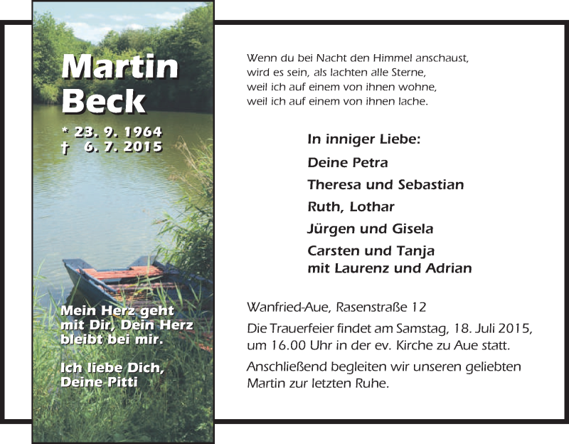  Traueranzeige für Martin Beck vom 15.07.2015 aus Eschwege