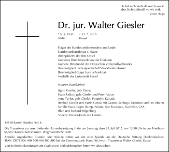 Traueranzeige von Walther Giesler von Eschwege