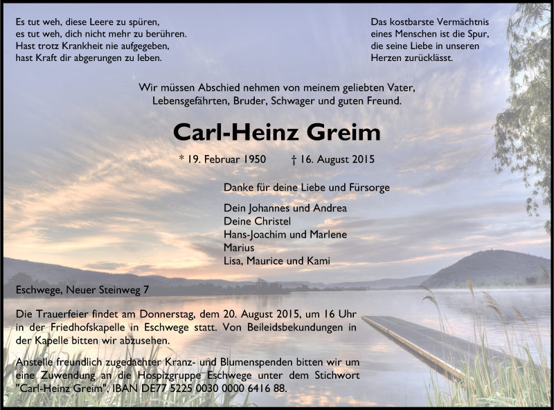  Traueranzeige für Carl-Heinz Greim vom 18.08.2015 aus Eschwege
