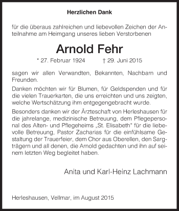 Traueranzeige von Arnold Fehr von Eschwege