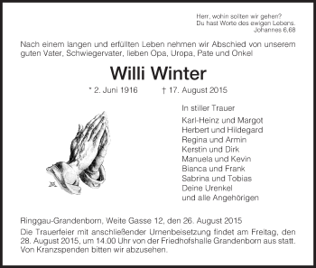 Traueranzeige von Willi Winter von Eschwege