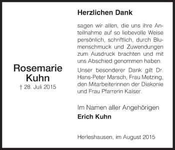 Traueranzeige von Rosemarie Kuhn von Eschwege