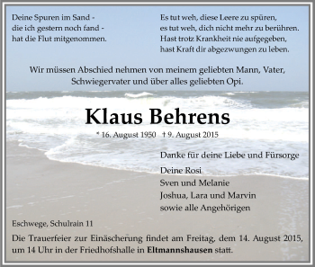 Traueranzeige von Klaus Behrens von Eschwege