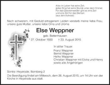 Traueranzeige von Else Weppner von Eschwege