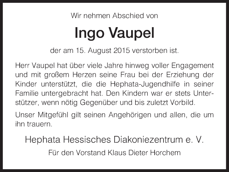  Traueranzeige für Ingo Vaupel vom 20.08.2015 aus Eschwege