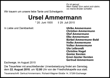 Traueranzeige von Ursel Ammermann von Eschwege