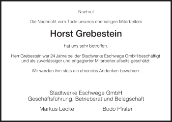 Traueranzeige von Horst Grebestein von Eschwege