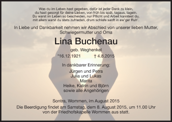 Traueranzeige von Lina Buchenau von Eschwege