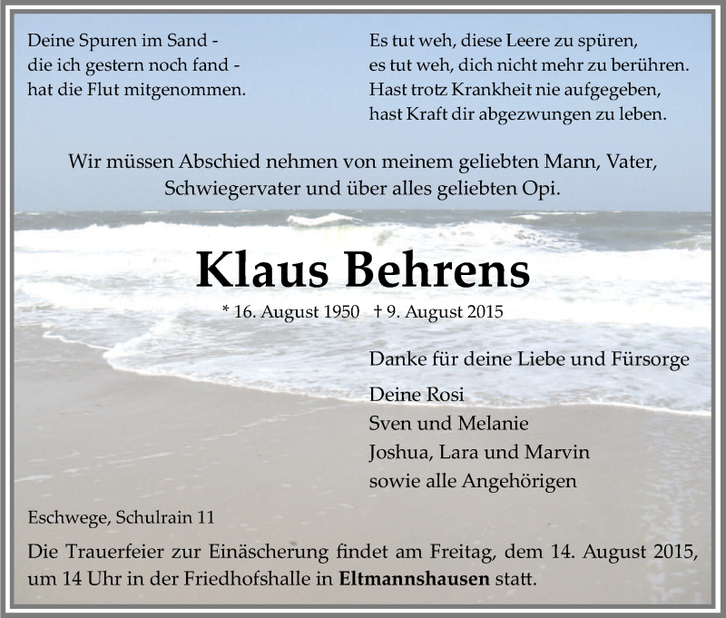  Traueranzeige für Klaus Behrens vom 12.08.2015 aus Eschwege