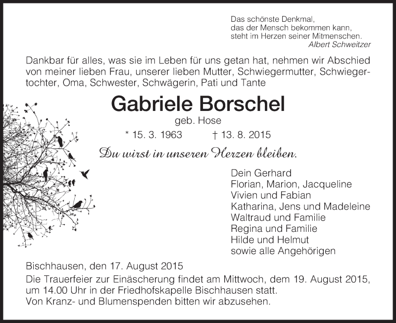  Traueranzeige für Gabriele Borschel vom 17.08.2015 aus Eschwege