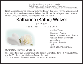 Traueranzeige von Katharina Wetzel von Eschwege