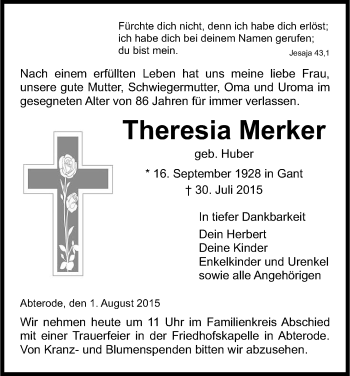 Traueranzeige von Theresia Merker von Eschwege