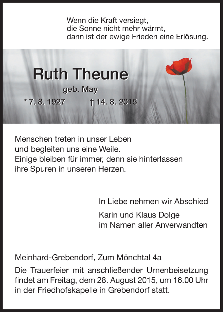  Traueranzeige für Ruth Theune vom 25.08.2015 aus Eschwege