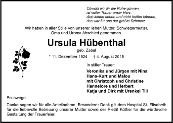 Traueranzeige von Ursula Hübenthal von Eschwege