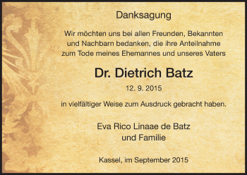 Traueranzeige von Dietrich Batz von Eschwege