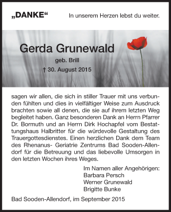 Traueranzeige von Gerda Grunewald von Eschwege