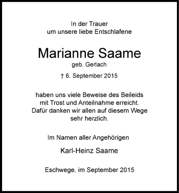 Traueranzeige von Marianne Saame von Eschwege