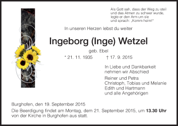 Traueranzeige von Ingeborg Wetzel von Eschwege