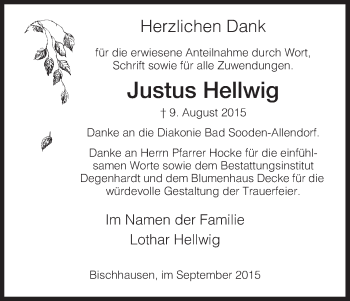 Traueranzeige von Justus Hellwig von Eschwege