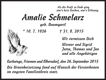 Traueranzeige von Amalie Schmelarz von Eschwege