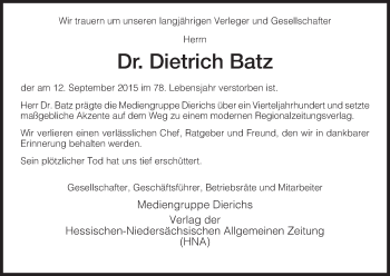 Traueranzeige von Dietrich Batz von Eschwege