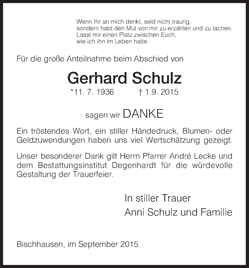  Traueranzeige für Gerhard Schulz vom 26.09.2015 aus Eschwege