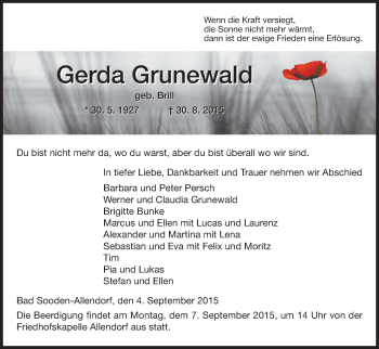 Traueranzeige von Gerda Grunewald von Eschwege