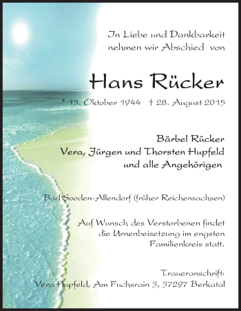 Traueranzeige von Hans Rücker von Eschwege