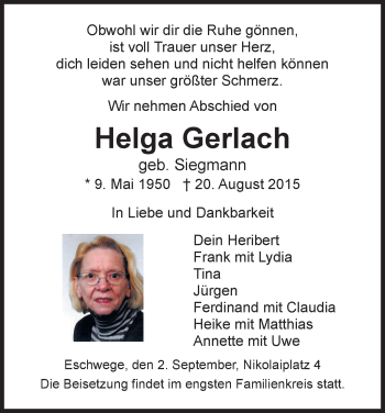 Traueranzeige von Helga Gerlach von Eschwege