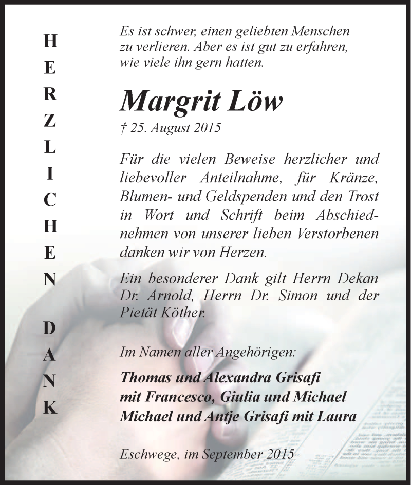  Traueranzeige für Margrit Löw vom 19.09.2015 aus Eschwege