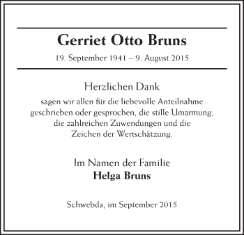 Traueranzeige von Gerriet Otto Bruns von Eschwege