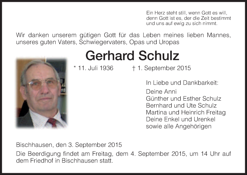  Traueranzeige für Gerhard Schulz vom 03.09.2015 aus Eschwege