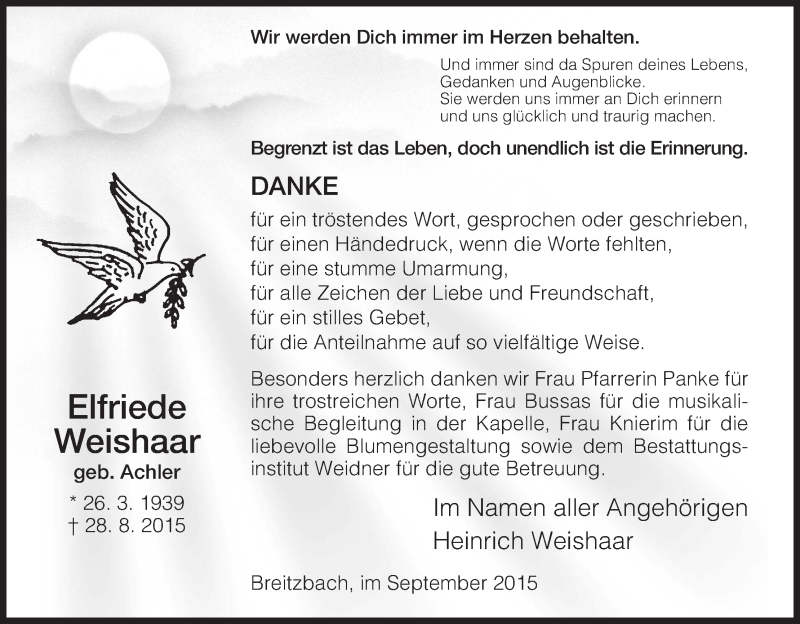  Traueranzeige für Elfriede Weishaar vom 12.09.2015 aus Eschwege