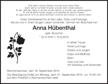 Traueranzeige von Anna Hübenthal von Eschwege