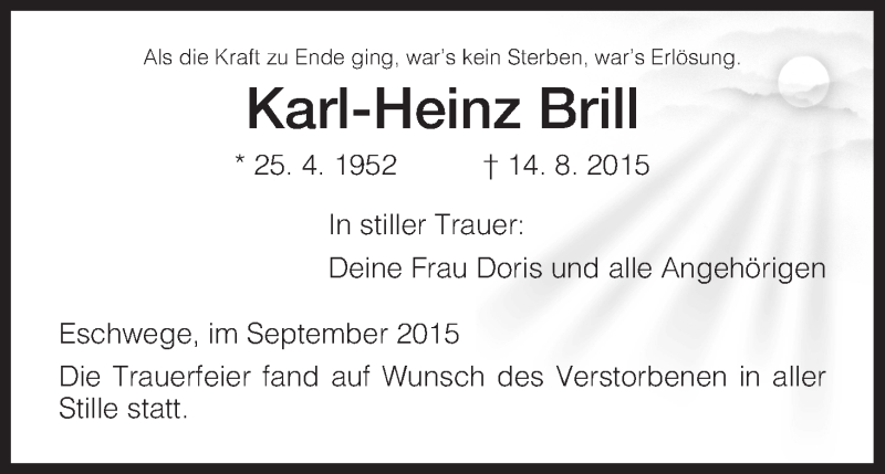  Traueranzeige für Karl-Heinz Brill vom 05.09.2015 aus Eschwege