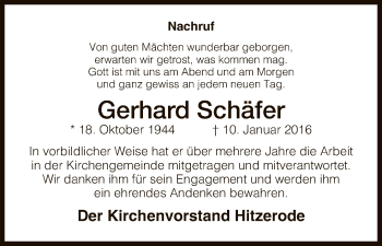 Traueranzeige von Gerhard Schäfer von Eschwege