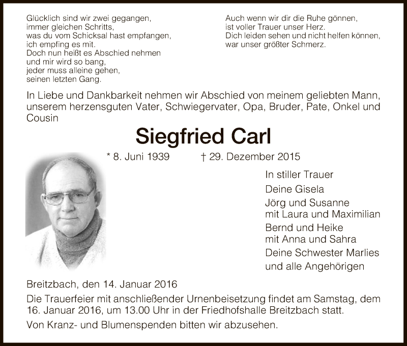  Traueranzeige für Siegried Carl vom 14.01.2016 aus Eschwege