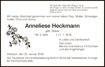 Traueranzeige von Anneliese Heckmann von Eschwege