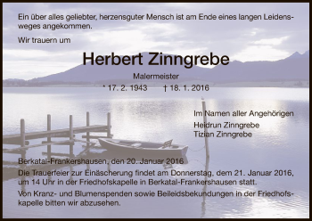 Traueranzeige von Herbert Zinngrebe von Eschwege