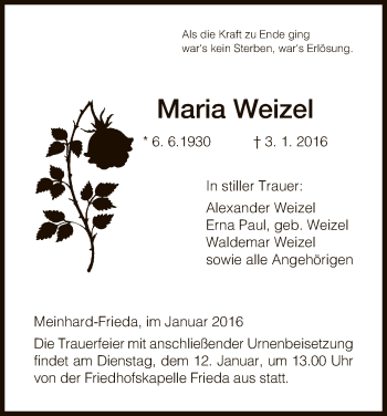 Traueranzeige von Maria Weizel von Eschwege